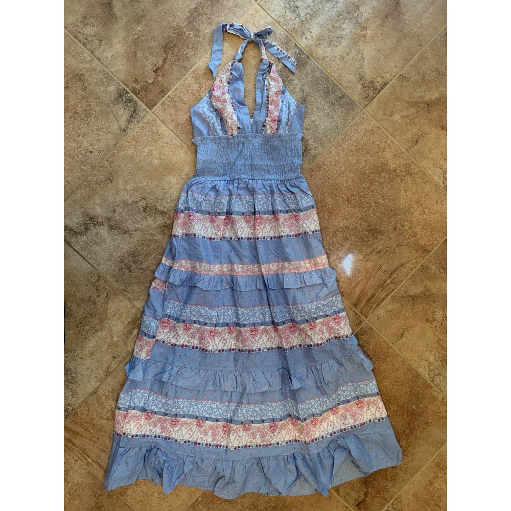 Women's Wild Fable Blue & Pink Floral Tiered Maxi Dress Patchwork Design Small